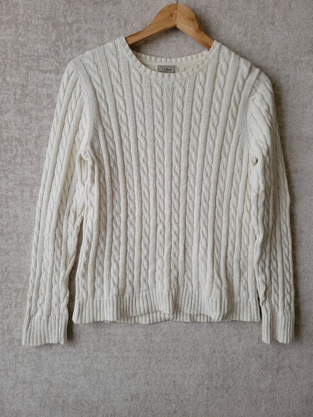 L.L. Bean Double L Thick Cable Knit Crewneck Sweater Medium Cream Cabincore Fall
